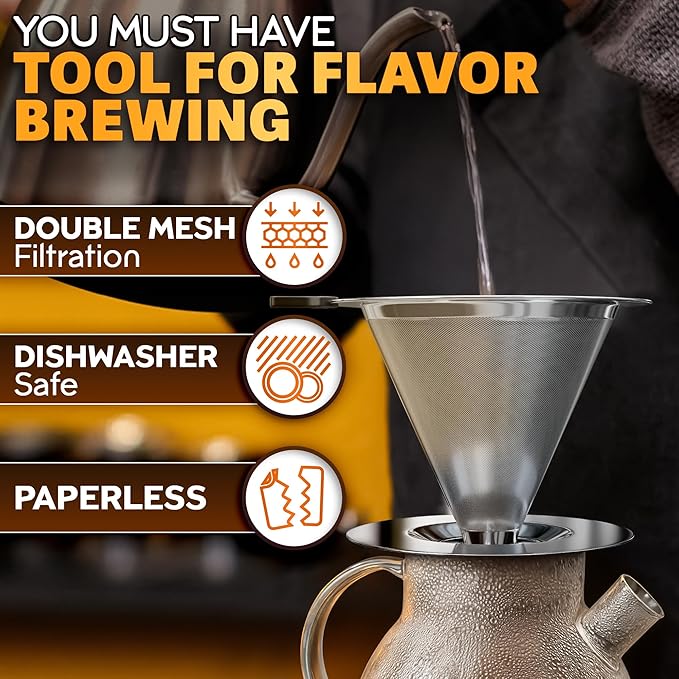 LEGLO Stainless Steel Pour Over Coffee Maker - 3.18x4.48 Pour Over Coffee Dripper with Wide Secure Base, Large Plastic Handle, and Brush for Easy Cleaning – Ensures Well-Balanced, Clean Flavor