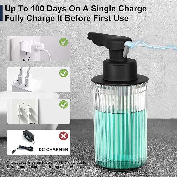 Automatic Soap Dispenser Foaming Touchless: 9oz Black Acrylic - Rechargeable Electric Smart Auto Foam Soap Dispenser - Hand Dish Bathroom Kitchen