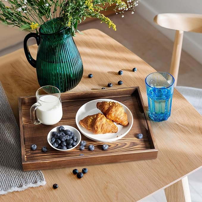 17 Inch Burnt Wood Serving Tray with Handles, Large Wooden Decorative Tray for Ottoman, Breakfast in Bed, Coffee Table, Dinner, Rectangular Tray for Living Room Bedroom Entryway and Kitchen