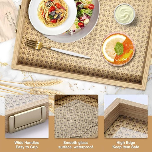 Rattan Woven mesh Surface Wood Serving Tray with Metal Handles, 16.3x13 in Food Drinks Tray for Coffee Table, Breakfast, Dinner & Bar,Kitchen,Party (Rattan Weaving/Large)