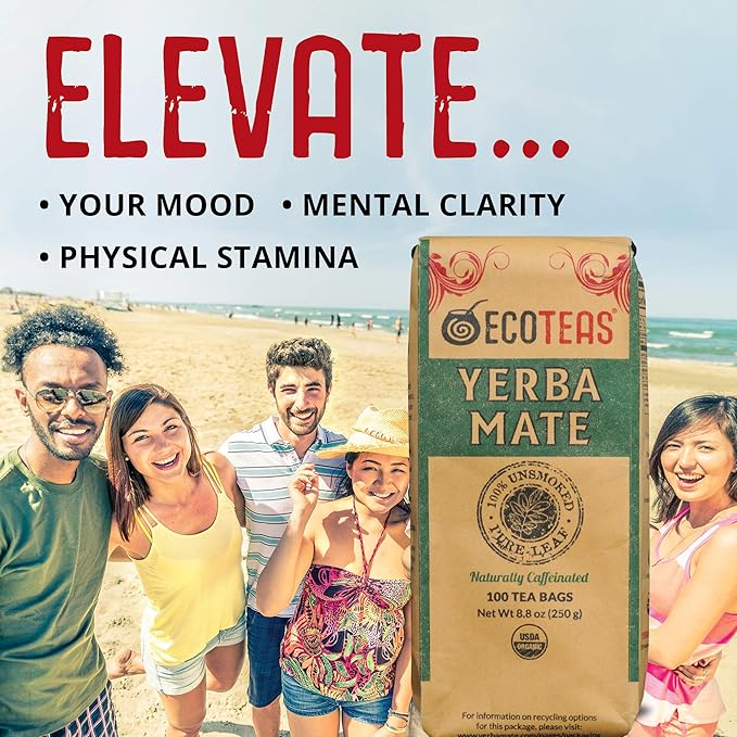 ECOTEAS PremiumOrganic Yerba Mate Tea Bags – Natural Energy & Detox Herbal Tea – Coffee Alternative - Kosher, Non-GMO, Gluten-Free - 100 Unsmoked Bulk Bags, 8.8 oz (Pack of 3)