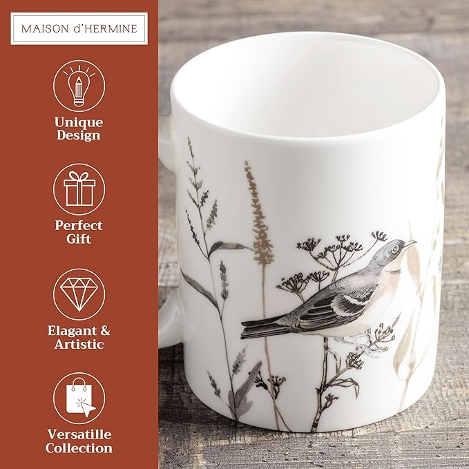 Maison d' Hermine Coffee Mug with Handles Fine Bone China Mugs Pack of One Tea Cups for Hot Beverages Cappuccino Latte Home Office Perfect for Gift (Meadow Florals - Brown Perfect Pasture, 12 Ounce)