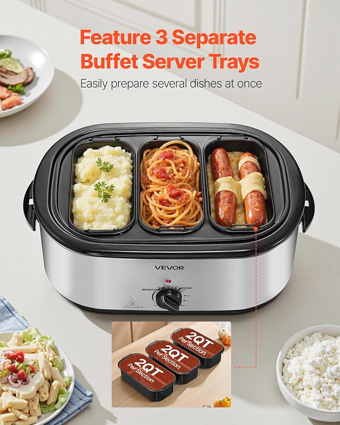 VEVOR Roaster Oven, 24QT Electric Turkey Roaster Oven, 150-450℉ Adjustable Temperature Electric Roasting Pan with 3 Bin Buffet Server, Self-Basting Lid, Defrost & Warm Function, Self-Basting Lid
