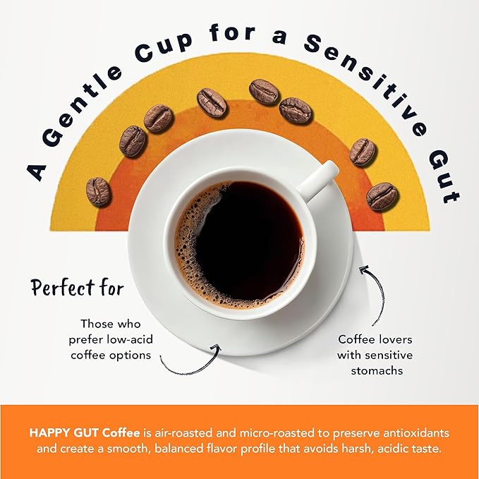 Happy Gut Coffee - Doctor-Formulated, Organic Medium-to-Dark Roast Coffee - Gut-Friendly - Gentle on Stomach - Rich Flavor, Gluten-Free, No Bitterness - 12oz - SMOOTH - Whole Bean