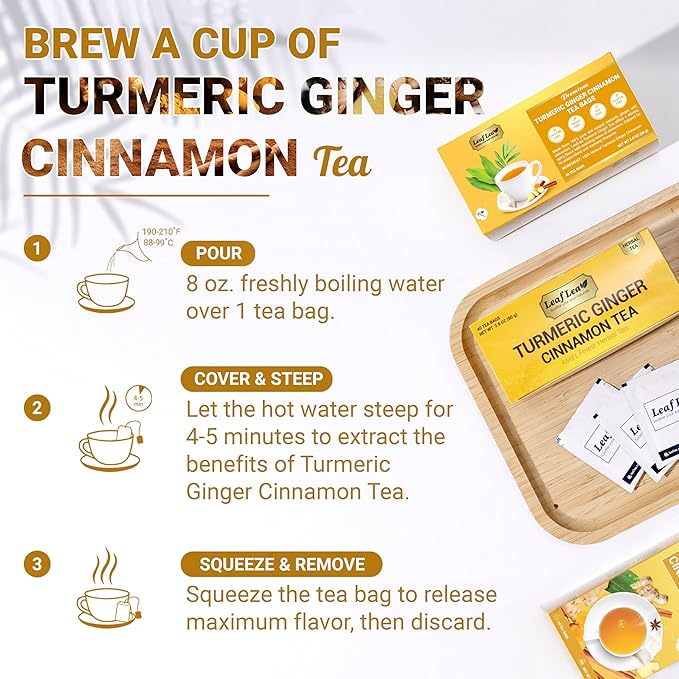 LeafLea Turmeric Ginger Cinnamon Tea, 120 Individually Wrapped Tea Bags, 100% Natural Herbal Blend with Pure Ginger and Turmeric, Supports Digestion & Immune Health, Caffeine-Free, No Sugar