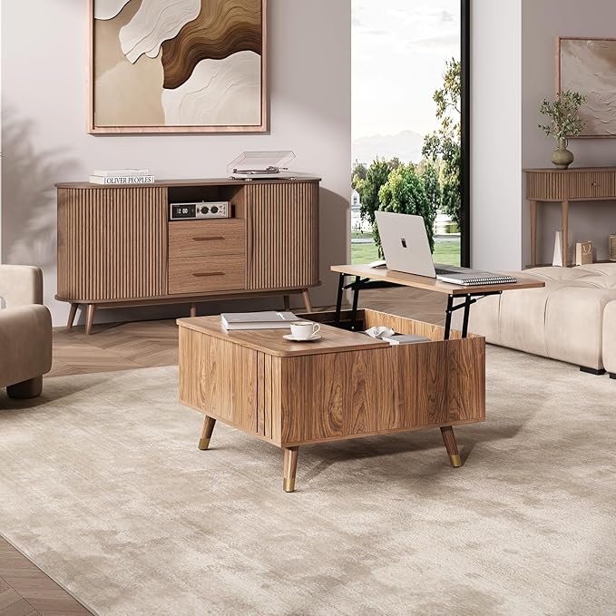 32" Square Lift Top Coffee Table with Storage,Mid Century Modern Walnut Center Table with Rising Desktop for Living Room, Brown Wood Finish