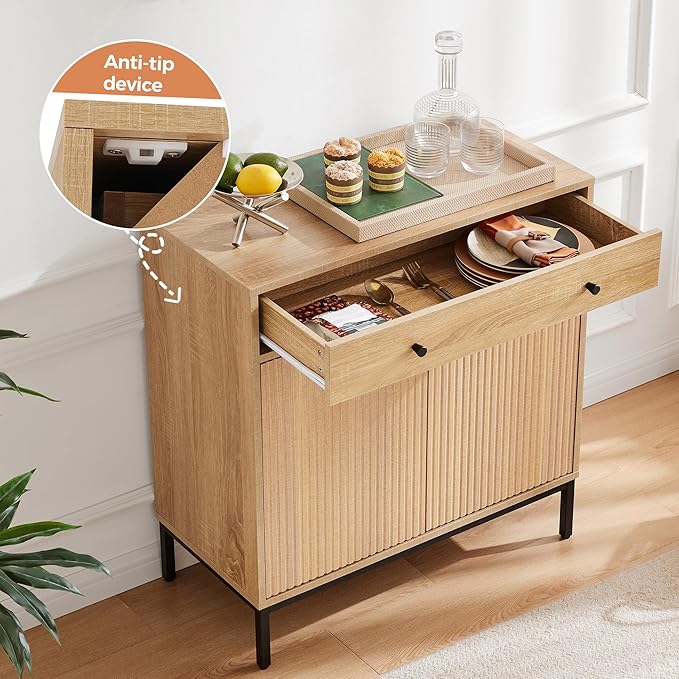 Mericonia Farmhouse Buffet Sideboard Cabinet with Storage, Fluted Coffee Bar with Doors and Adjustable Shelves, Modern Wood Cabinet for Kitchen, Livingroom (Fluted 2 Door, Natural) | with Drawer, Farmhouse, Kitchen Storage, with Doors, Adjustable Shelv...