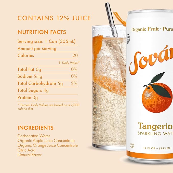 Sovány Flavored Sparkling Water, Variety Pack, Seltzer Water Drinks, USDA Organic, Made With Real Fruit, Non-GMO, Vegan, No Added Sugar, Low Calorie, Tangerine, Raspberry & Green Apple, 12 fl oz, 12 Pack