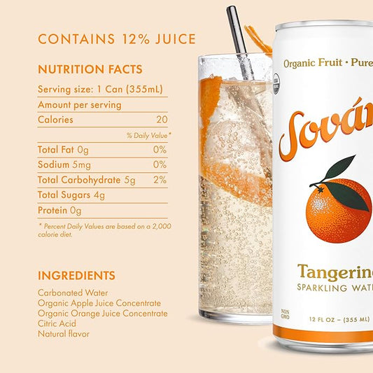 Sovány Flavored Sparkling Water, Variety Pack, Seltzer Water Drinks, USDA Organic, Made With Real Fruit, Non-GMO, Vegan, No Added Sugar, Low Calorie, Tangerine, Raspberry & Green Apple, 12 fl oz, 12 Pack