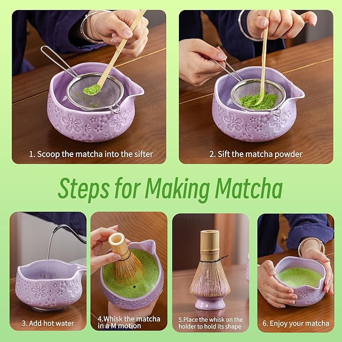 TEANAGOO 7-PCS Purple Matcha Whisk Set with Cherry Blossom Design, Complete Ceremony Kit, Ceramic Chawan Bowl with Spout, Whisk & Accessories, Traditional Matcha Tea Set for Lattes& Gift Giving