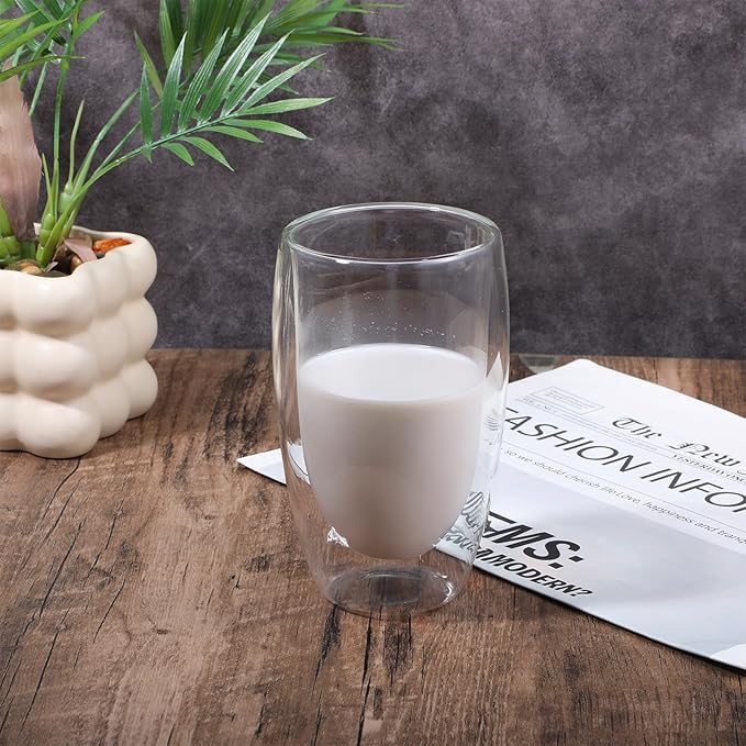 4 Pcs Double Wall Glass Coffee Mugs, Clear Insulated Latte Cups Large Glass Coffee Cups for Hot Beverages Espresso Tea Milk Cappuccino Latte