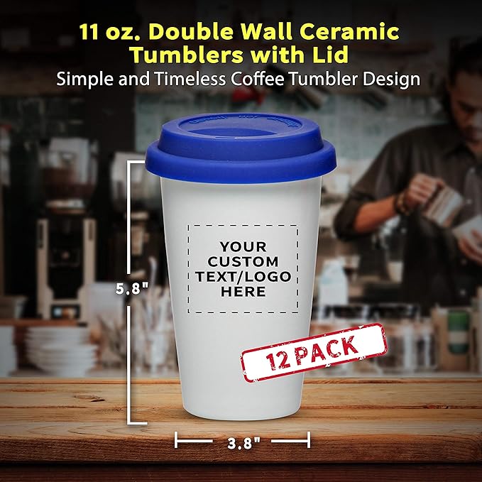 Personalized 11 oz. Double Wall Ceramic Tumblers with Lid - 12 Pack - Custom Text, Logo - Blue
