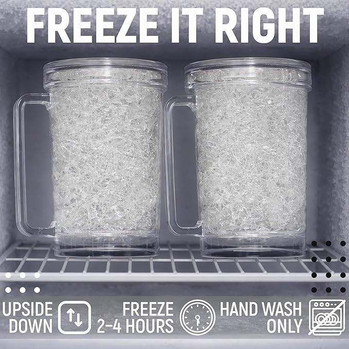 Frozen Beer Mugs (Set of 2), 16oz Double Wall Gel Freezer Cups with Handle, Acrylic Frosty Ice Stein for Cold Drinks, Break-Resistant Insulated Beer Mug for Dad, Men, Pool Parties & BBQ