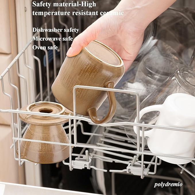 Pour Over Coffee Maker Set - 300ml Ceramic Mug with Dripper & 100 Small Cone Filters, Brown