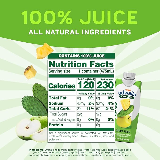 Odwalla Green Juice – Green Drink with Nopal Cactus, Apple, Orange & Pineapple – Natural Ingredients, No Added Sugar, No Preservatives, No Artificial Flavors - 16 oz (12 Pack)