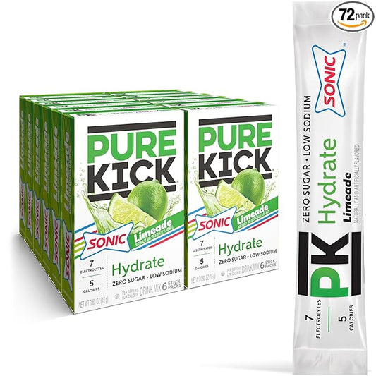 PURE KICK Hydration Singles to Go Drink Mix, Sonic Limeade, Includes 12 Boxes with 6 Packets in Each Box, 72 Total Packets