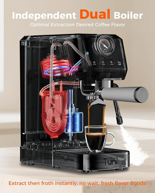 Tuni E2 58mm Espresso Machine with G1 Ivory Conical Coffee Grinder and Bottomless Portafilter Combo Set, 20Bar Dual Boiler Espresso Maker Kit