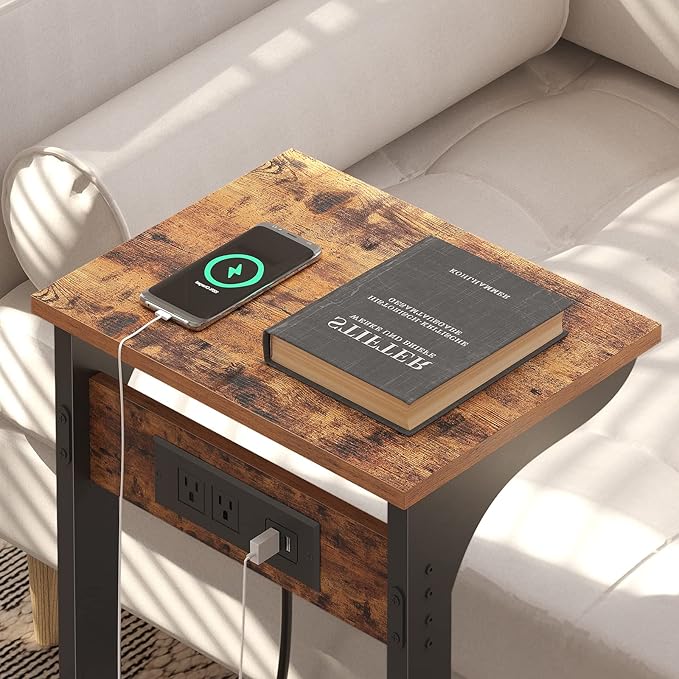 TUTOTAK C Shaped End Table with Charging Station, Set of 2, Couch Table, Tv Tray with 2 USB Ports and Outlets, Sofa Side Table for Small Spaces, Living Room, Bedroom TB01BB0442
