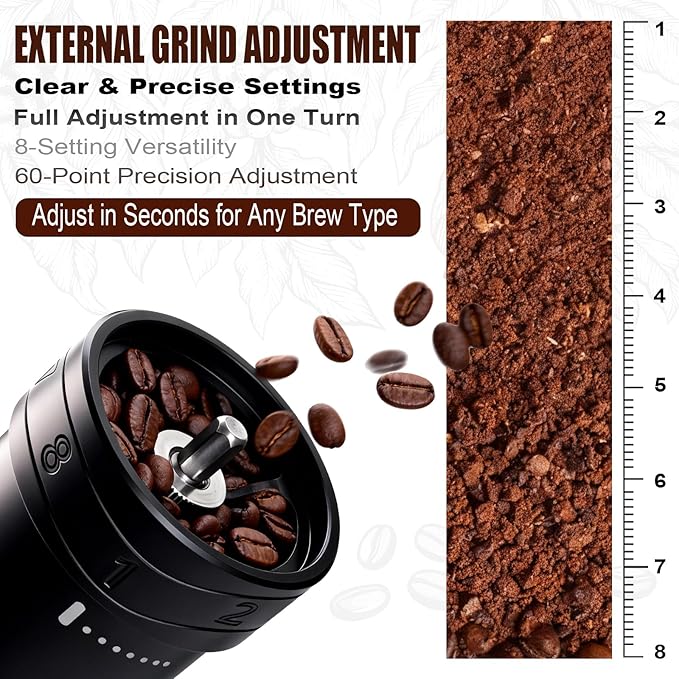 Bshine Manual Coffee Grinder with Carrying Case - External Adjust, Conical Burr, 8 Grind Settings, Black