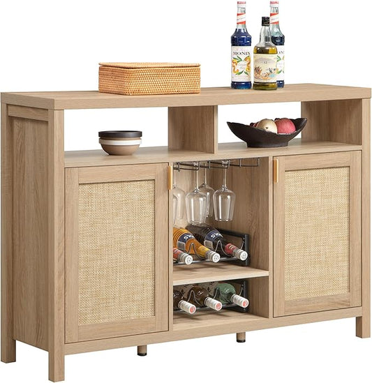 SICOTAS 51" Coffee Bar Cabinet Bar Cart with Storage, Wine Bar Cabinets Boho Home Bar Table, Rattan Sideboard Buffet with 2 Doors, Coffee Station with Wine Racks for Living Dining Room Entryway
