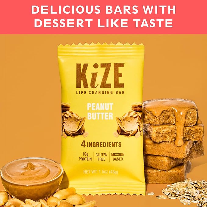 KiZE Energy Bars - Peanut Butter - 20-Count - Gluten Free, Non-GMO, and High Protein Meal Replacement Energy Bars, Clean and Simple Food Ingredients - 10g High Protein Snacks (20 Count)