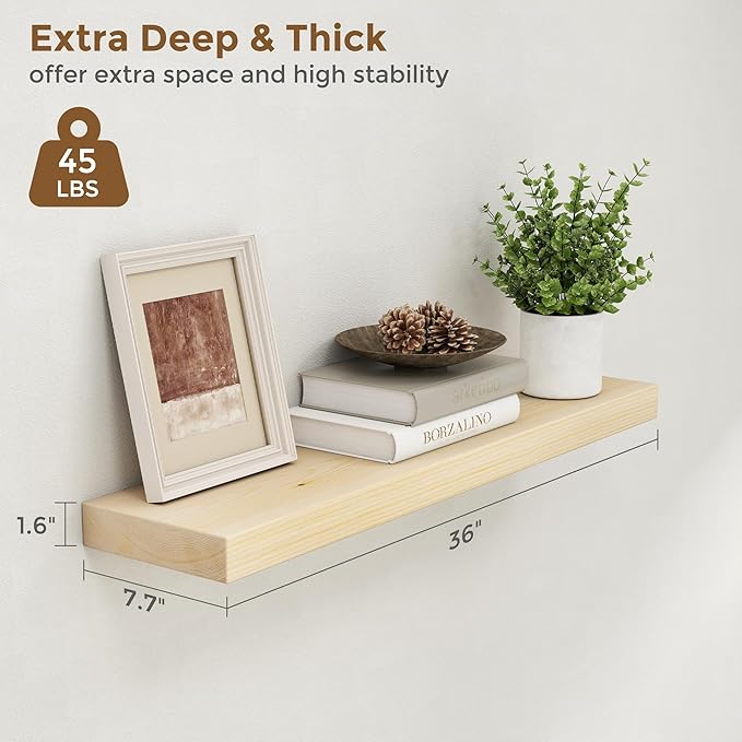 Marsmiles Floating Shelves for Wall - 36 Inch Natural Unfinished Wood Floating Shelves Set of 2-36 Inch Wide x 7.7 Inch Deep x 1.6 Inch Thick Natural Wooden Shelves for Room Wall