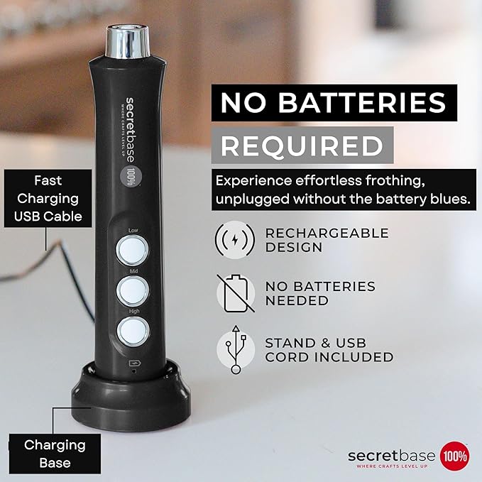 Secretbase USB-C Rechargeable Milk Frother and Cup Set, 3 Speed, Cordless Charging Cradle - Handheld Milk Frother, Double-thickness Whisk, Tiny Egg Beater, Mini Electric Coffee Stirrer(Black)