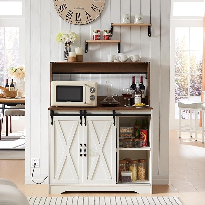 Wnutrees Farmhouse Coffee Bar Cabinet with Charging Station and USB Ports, Sliding Barn Door, 39" Kitchen Hutch Sideboard Buffet Storage Cabinet, Fits Kitchen Dining Living Room, White