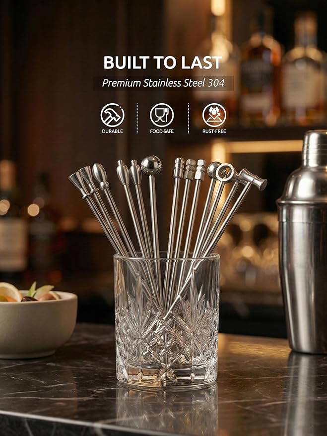DEMIGO Cocktail Picks 16pcs, 8 New Styles Stainless Steel Reusable Olive Stuffers Martini Pick set Fruit Toothpick Garnish Skewers Appetizer Drink Stick for Bar party, Barbeque Snack, Club sandwiches