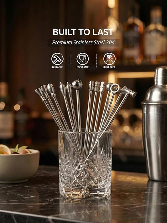 DEMIGO Cocktail Picks 16pcs, 8 New Styles Stainless Steel Reusable Olive Stuffers Martini Pick set Fruit Toothpick Garnish Skewers Appetizer Drink Stick for Bar party, Barbeque Snack, Club sandwiches