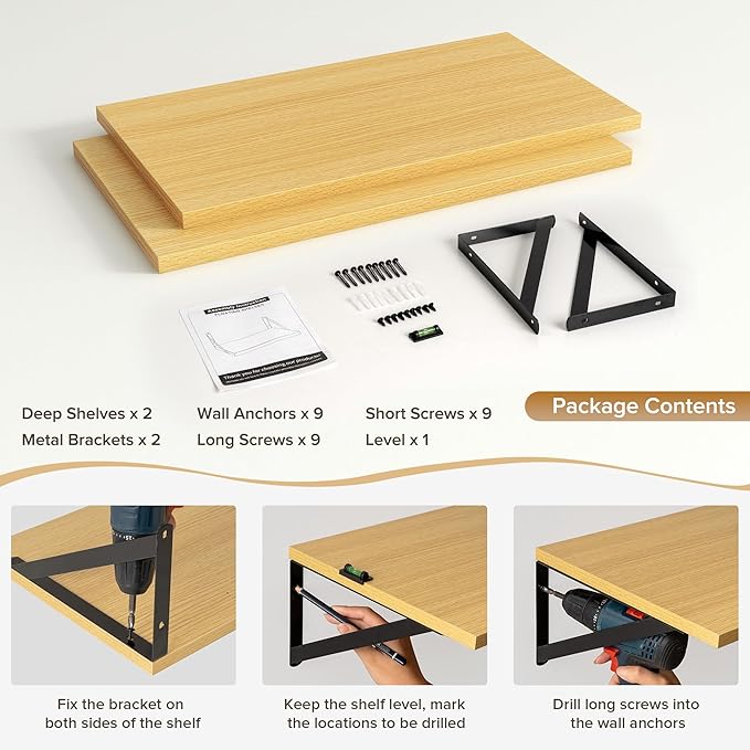 Deep Floating Shelves Wall Mounted, 24"x12" Oak Wall Shelves with Brackets Set of 2 for Bedroom, Living Room, Bathroom, Kitchen, Office - Storage & Display Shelf for Decor, Books, Plants