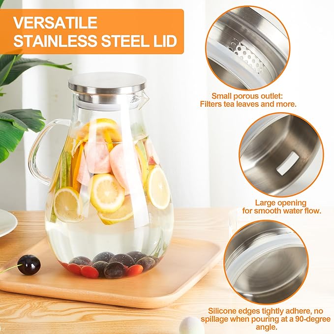 1 Gallon Glass Pitcher with Lid and Handle, Hot & Cold Water Jug, Extra-Wide Mouth Beverage Carafe for Juice, Iced Tea & Drinks