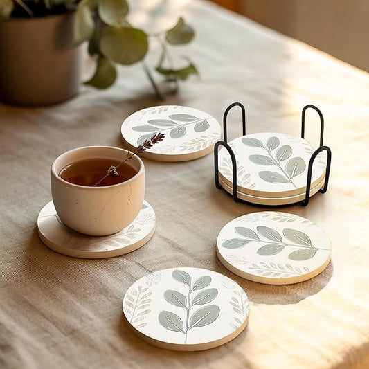 VEYRO Ceramic Coasters Set of 4 – Absorbent Stone Drink Coasters with Holder, Non-Slip Cork Backing, Modern Marble Look Coasters for Coffee Table, Desk & Home Decor