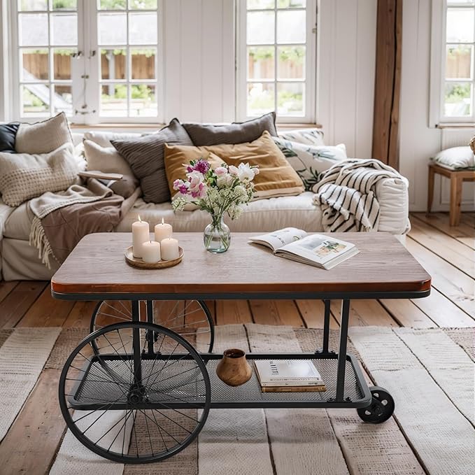 21.6inch Height Rolling Bar Cart with Metal Storage Shelf Industrial Rectangle Coffee Table Side Table on Wheels for Living Room Vintage Mobile Serving Cart for Outdoor Indoor