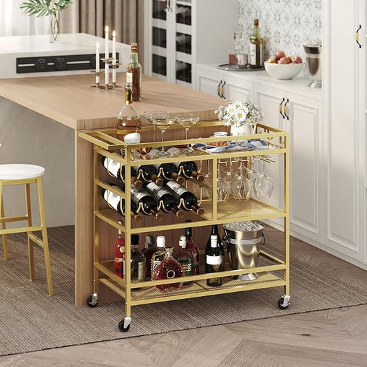 Bar Cart for Home, 3-Tier Serving Cart with Wheels and Handle, Beverage Cart with Wine Rack and Glass Holders, Rolling Wine Cart for Kitchen, Dining Room, Gold RCGD81B01