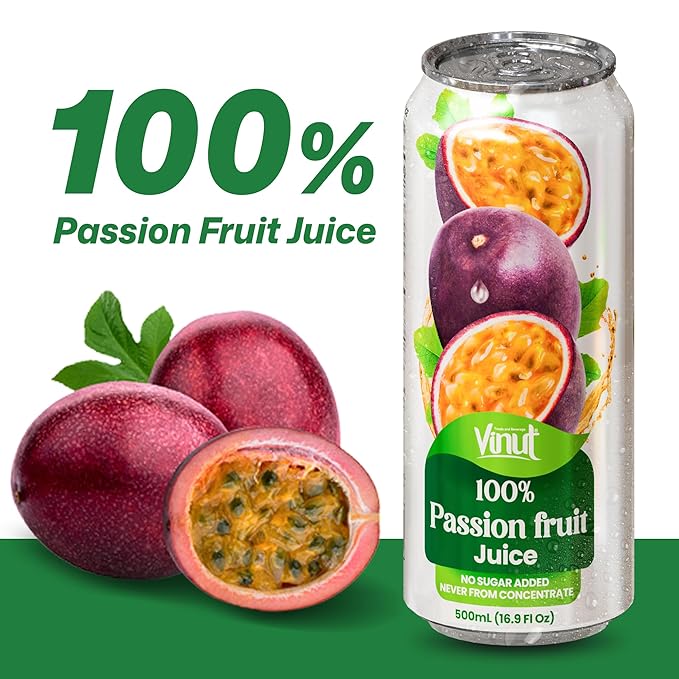 VINUT 100% Passion Fruit Juice, No Added Sugar, Not From Concentrate, 16.9 fl oz (500 mL) Can, Pack of 6