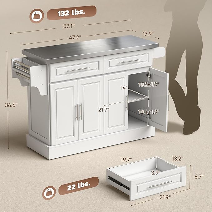 HOMCOM Rolling Kitchen Island Cart with 47" Stainless Steel Top, Portable Island Table for Kitchen with Wheels, Adjustable Shelves, 2 Drawers, Spice, Knife and Towel Rack, White