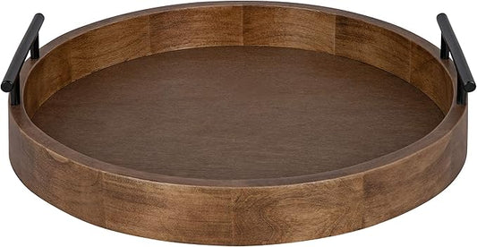 Kate and Laurel Lipton Modern Round Wood Tray, 15.5" Diameter, Rustic Brown with Black Handles, Decorative Accent Tray for Storage and Display