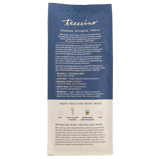 Teeccino Dark Chocolate Prebiotic SuperBoost™ Coffee Alternative - 10 Ounce - Support Probiotics with Caffeine-Free Herbal Coffee Featuring 3 Vegan Prebiotics for Gut Health, (Pack of 6)