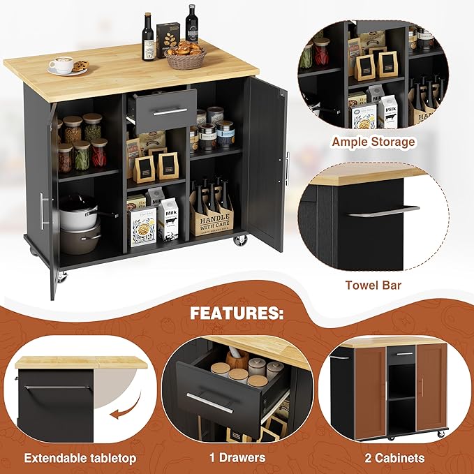 JY QAQA 42" Kitchen Island with Storage on Wheels, Rolling Table with Drop Leaf, Drawers, Cart Handle for Towel Rack or Free Movement, Black