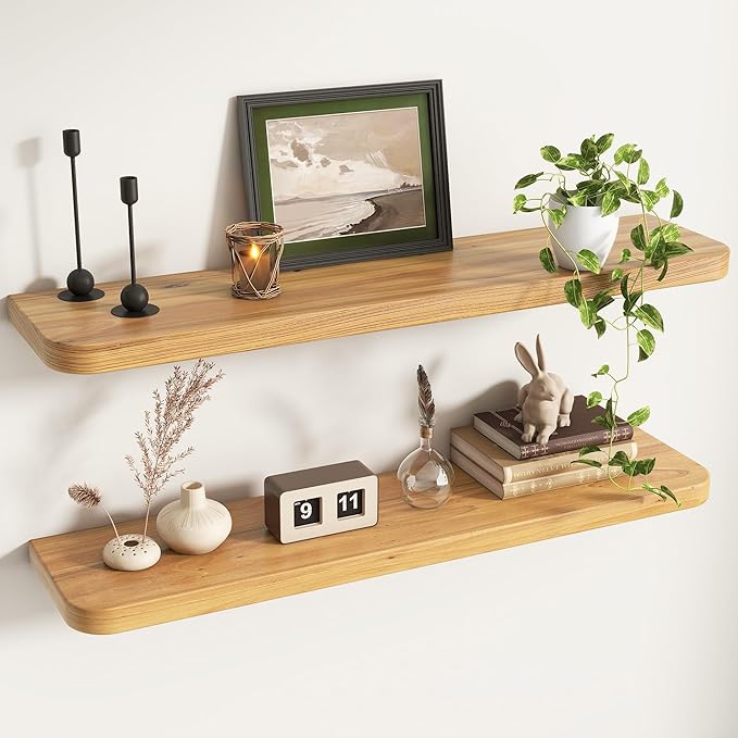 Reclaimed Elm Wood Floating Shelves for Wall Round Edge, 39"W x 9.2"D x 1.37"H, Set of 2 with Invisible Bracket, Wall Mounted Shelves for Living Room Bedroom Kitchen Bathroom Decor, Natural Finish