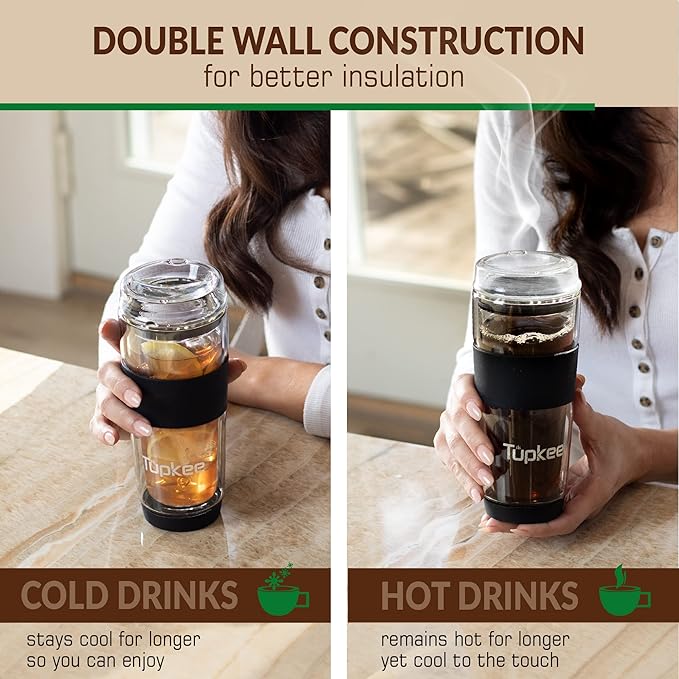 Tupkee Double Wall Glass Tumbler - 14-Ounce, All Glass Reusable Insulated Tea/Coffee Mug & Lid, Hand Blown Travel Mug - Black
