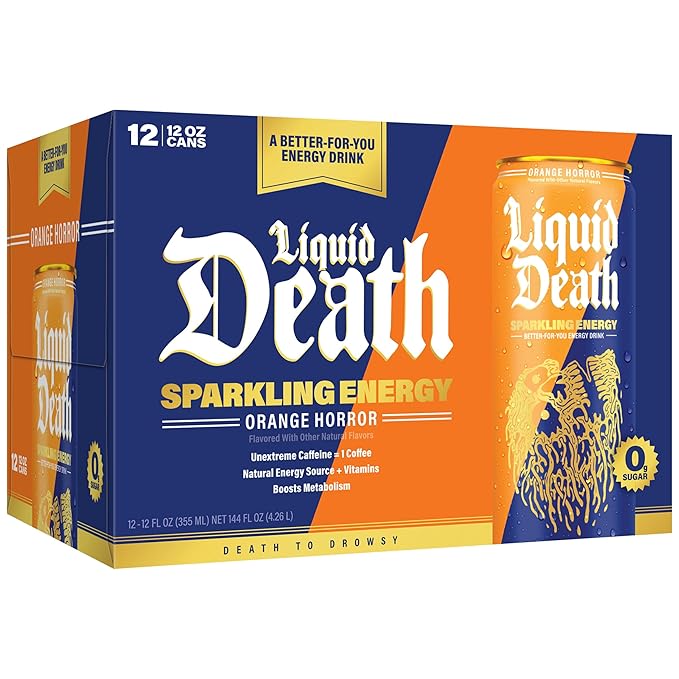 Liquid Death Sparkling Energy - Orange Horror (Orange and Cream), Sugar-Free Energy Drink, Unextreme Caffeine 100mg, B Vitamins, 12 Fl Oz (Pack of 12)