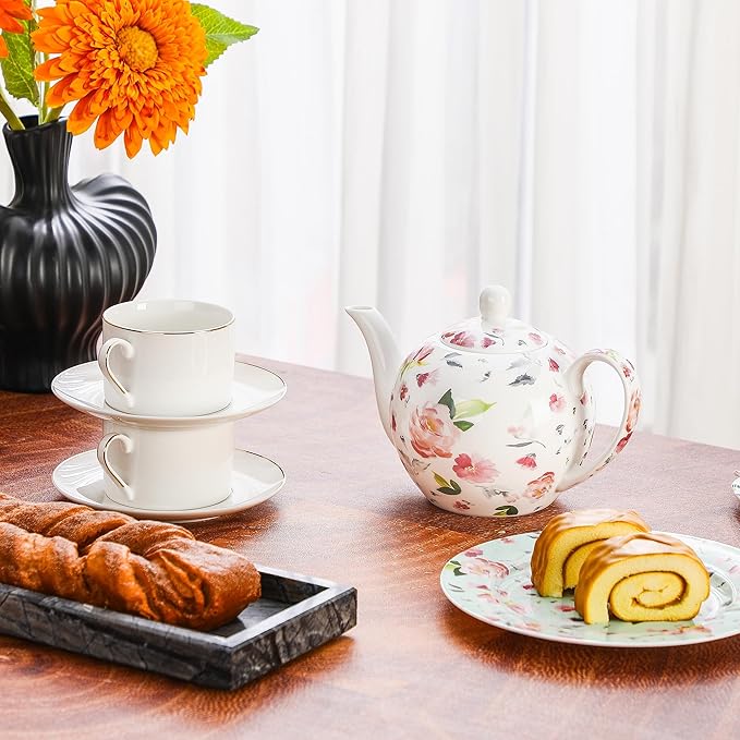 30oz Porcelain Teapot, Floral Design Ceramic Tea Pot for Loose Leaf & Bagged Tea, Classic 3-4 Cups Teapot for Daily Use & Special Occasions, Dishwasher Safe