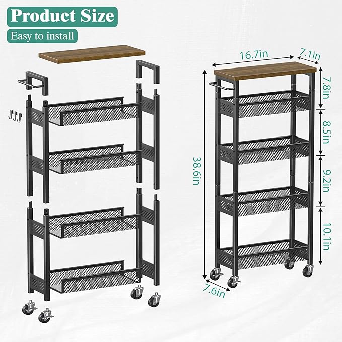 Giwil Slim Storage Cart 5 Tier Narrow Kitchen Rolling Cart on Wheels for Small Space, Metal Utility Cart Narrow Bathroom Storage Cabinet Mobile Shelf Unit Organizer with Wood Top and Handle, Black