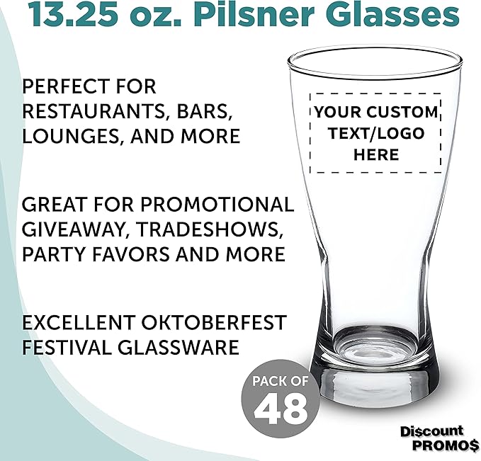 Custom Pilsner Glasses 13.25 oz. Set of 48, Personalized Bulk Pack - Made in the USA, Perfect for Hotels, Restaurants, Bars and Even Part Favors - Clear