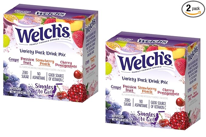 SINGLES TO GO! Welch's Powdered Drink Mix Variety Pack - 40ct, 4 Delicious Flavor in Each Box, Grape, Passionfruit, Strawberry Peach and Cherry Pomegranate (Pack of 2)