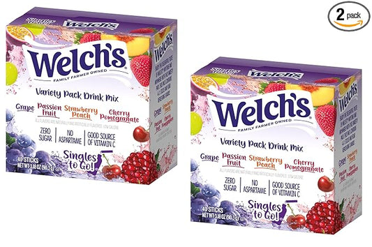 SINGLES TO GO! Welch's Powdered Drink Mix Variety Pack - 40ct, 4 Delicious Flavor in Each Box, Grape, Passionfruit, Strawberry Peach and Cherry Pomegranate (Pack of 2)