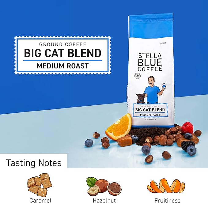 Stella Blue Ground Coffee, Big Cat Blend, Medium Roast, Fresh Coffee Ground 100% Arabica, Smooth Balanced Roast with Distinct Flavor Notes, Ethically Sourced Coffee Beans, 12 oz Bag