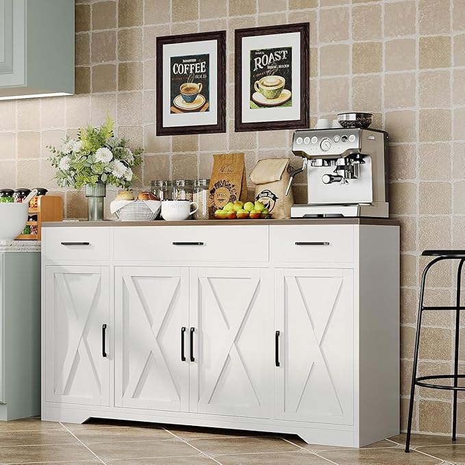 Farmhouse Modern Buffet Sideboard Cabinet with 3 Drawers, 55" Large Wood Kitchen Storage Coffee Bar Cabinet for Kitchen, Dining Room